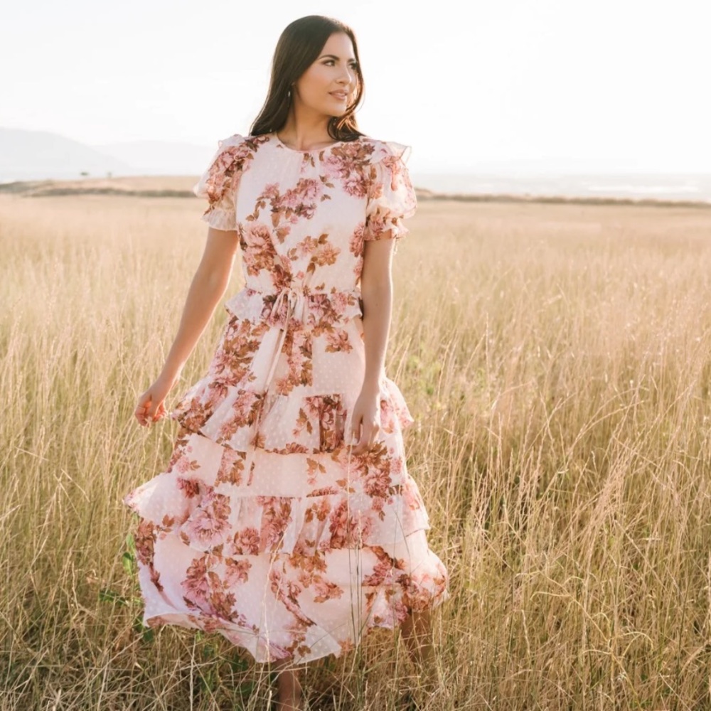 RACHEL PARCELL Pink Rose Puff Sleeve Tiered Chiffon Midi Dress